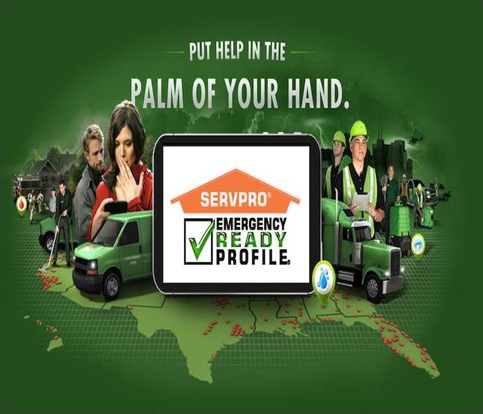 green background with group of people, tablet in the center with SERVPRO ERP app on tablet.