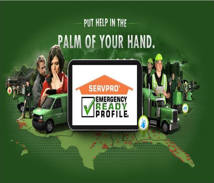 Green background with SERVPRO vehicles and technicians, iPad with SERVPRO ERP app loaded on it. 