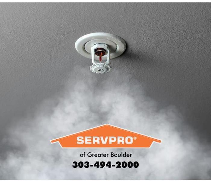A fire sprinkler in the ceiling is shown with smoke wafting up to the sensor. 